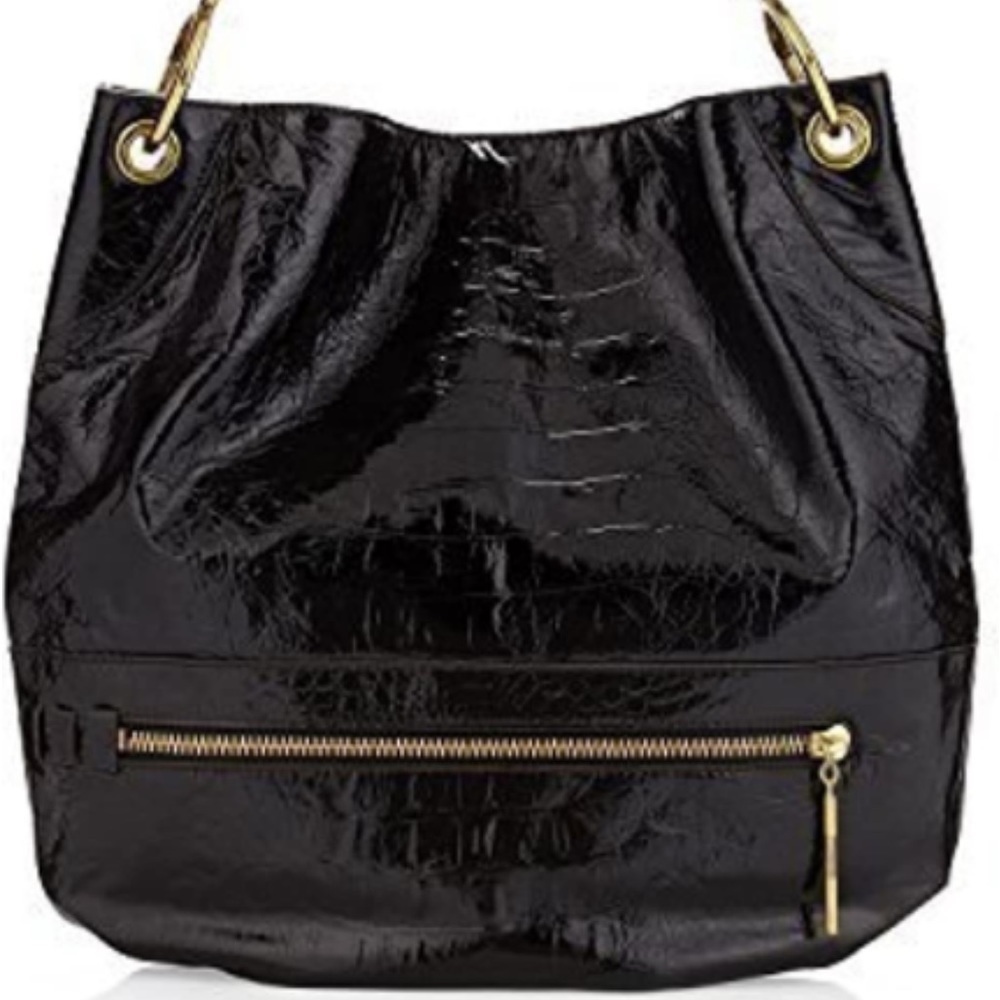 orYANY Lucy Crinkle Patent Leather Black Large Hobo Tote